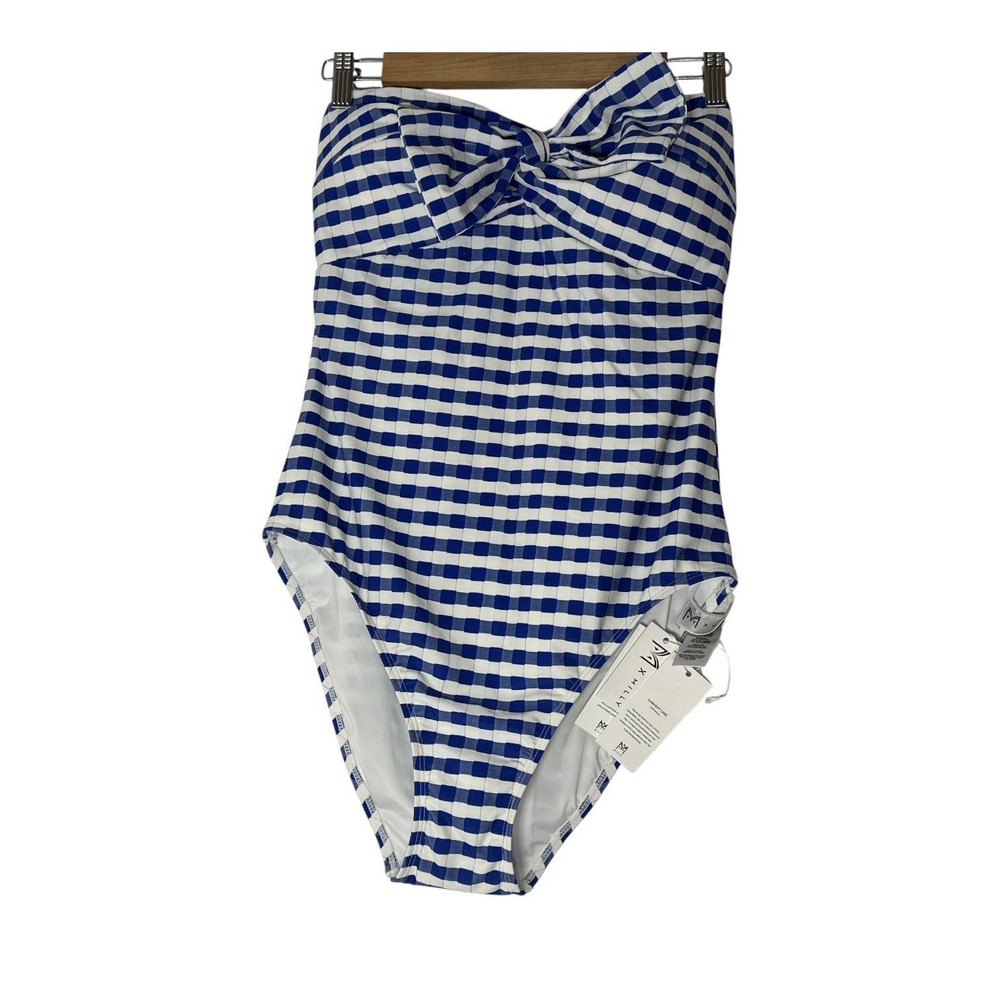 New Milly Womens Jacquard Cottage Bow Blue Gingham One-Piece Swimsuit Large - Picture 2 of 14